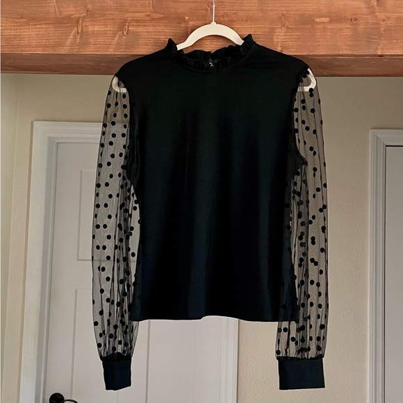 Black Mesh Dotted Sleeves High Collar Top Size L - Picture 2 of 8